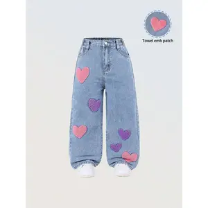 Young Girl Retro Sweet Colorful Embroidery Casual Loose Comfortable Washed Light Blue Denim Wide-Leg Pants School Campus University Summer Vacation
