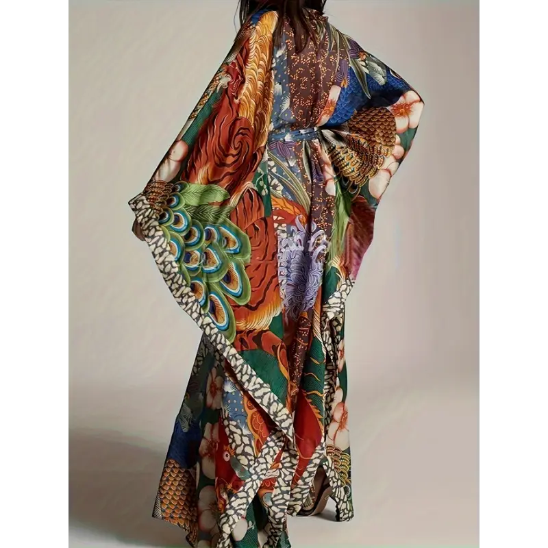 Good Quality [Beachy Kimono Cover-Up] Long Beach Cover-Up Cardigan - Bohemian Kimono Robe with Belt - Non-Stretch Polyester, Machine Washable