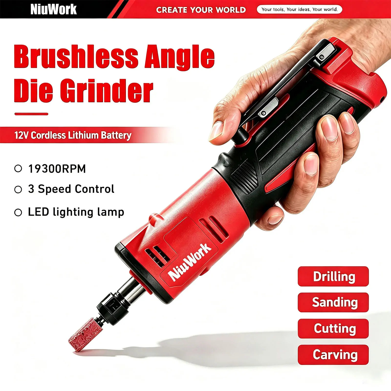 NiuWrok Straight Angle Die Grinder - 12V Cordless 4-Speed Power Die Grinders Max 19300RPM, 1/4" Angle Die Grinder Kit with 2.0Ah Battery & Charger for Gasket Removal, Grinding, Polishing