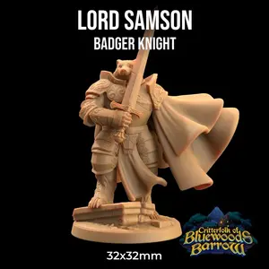 Lord Samson Badger Knight Critterfolk | The Dragon Trappers Lodge | 32mm Scale | Miniature TTRPG Mini DnD Dungeons and Dragons Wargame