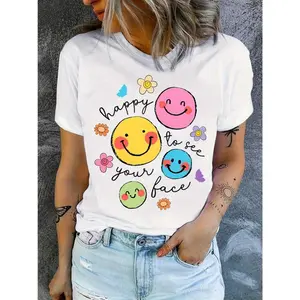 Happy To See Your Face Smiley Graphic Tee Women Cute Colorful Cartoon Print Soft Casual Short Sleeve Crewneck Shirt Summer Outfit Streetwear