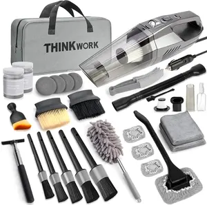 THINKWORK Car Cleaning Kit, Car Detailing Kit Interior Cleaner with High Power Handheld Vacuum, 10Pcs Detailing Brush and Storage Bag, Gray Auto Interior Cleaning Kit for Men