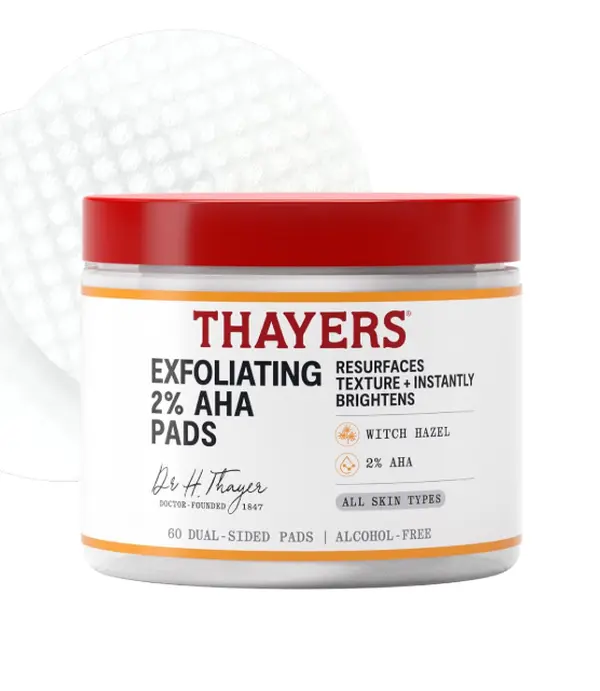 Thayers Exfoliating 2% AHA Toner Pads, Dual-Sided Exfoliating Pads with Witch Hazel, Glycolic Acid and Lactic Acid to Resurface Skin Texture and Instantly Brighten, For All Skin Types, 60 Count