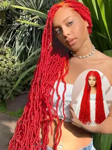 36 Inch Red Long Coily Synthetic Braided Lace Wigs for Women, Gorgeous Fluffy Wigs with Baby Hair Bangs, Synthetic Braided Lace Wigs for Party, Daily Use, Synthetic Hair Braids