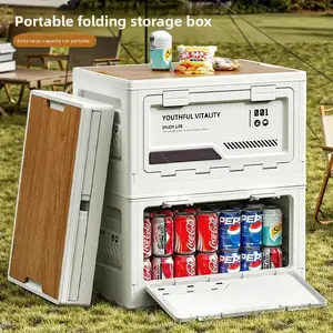 Outdoor Convenient Foldable Storage Box with Wood Cover for Camping Versatile Household Car Organizer Bin Durable PE Material