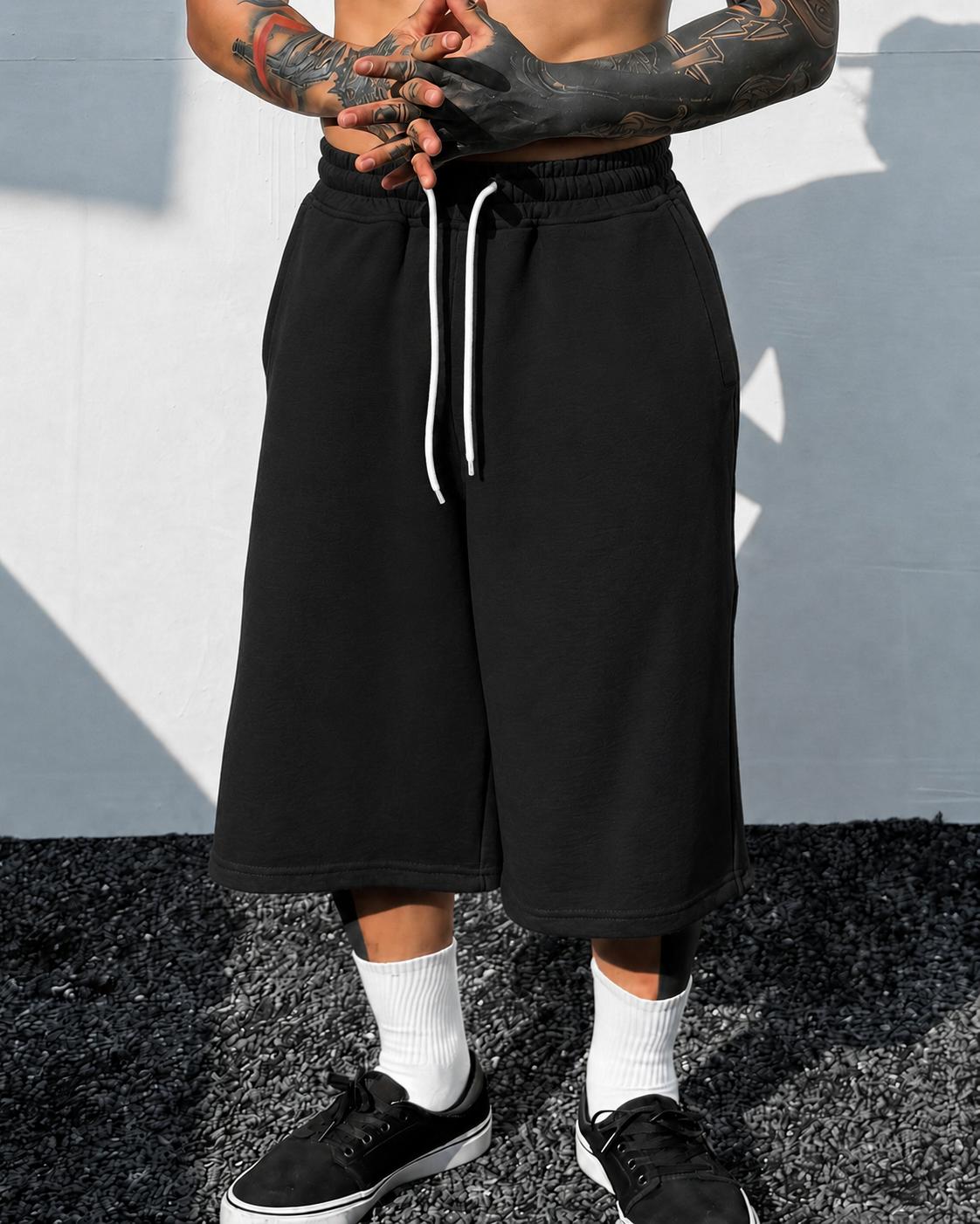 Mens 3 4 Length Sweat Shorts Urban fashion essentials Baggy Wide Leg Below Knee Long Shorts Drawstring Elastic Waist Plain Streetwear Shorts Loose Fit Gym Workout Lounge Skater Hip Hop Y2K Athletic Capri Shorts Daily Casual Summer Outfit Wear Street Looks