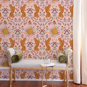 Pink Tiger Peel and Stick Wallpaper Removable Waterproof Animal Print Wall Paper for Bedroom Living Room DIY Decor
