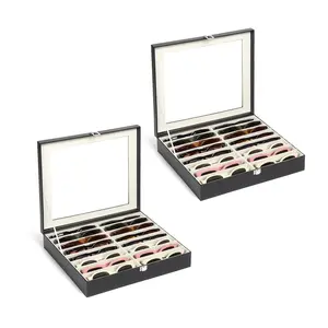 2-Pack Pu Leather Eyeglasses Organizer Case, 16-Slot Adjustable Transparent with Lid, Large Sunglasses Storage Box for Travel, Ideal Gift for Eyewear Organization