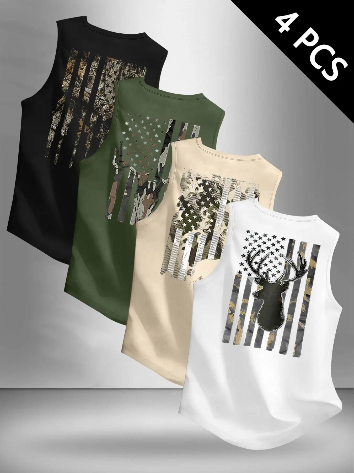 Men's Summer Casual Sleeveless Tank Top, Vintage Camo Flag Deer Head Design, 4-Piece Set, Perfect for Outdoor Activities and Sports Events, Casual Tank Tops