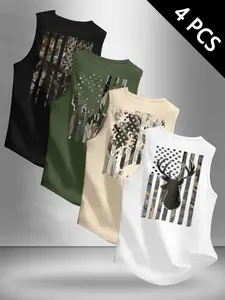 Men's Summer Casual Sleeveless Tank Top, Vintage Camo Flag Deer Head Design, 4-Piece Set, Perfect for Outdoor Activities and Sports Events, Casual Tank Tops