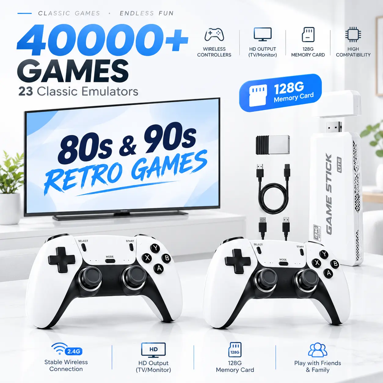 Retro Gaming Console, Retro Gaming Stick with 40,000+ Classic Game, Plug & Play HDMI Output Game Console Stick with Dual 2.4G Controllers (128GB) for Christmas gifts