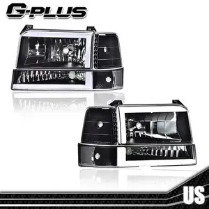 Fit For 92-96 Ford F150-F350 Dual LED DRL Black/Clear Headlights Bumper Lamps New