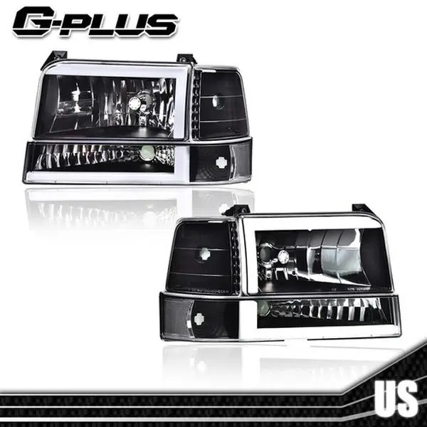 G-PLUS Headlights for 1992-1996 Ford F150/F250/F350 Dual LED DRL Black/Clear Headlights Bumper Lamps New