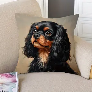 Ultra-Soft Cavalier King Charles Spaniel Throw Pillow, Luxury Single-Sided Oil Painting Portrait Cushion, Black, Brown, and Beige, Machine-Washable Material, Zipper Closure, Decor for Living Room, Bedroom, Office, Gift for Pet Lovers, Dog-Themed Pillow