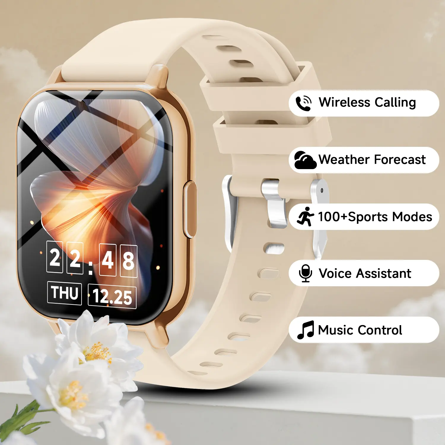 Smartwatch suitable for both men and women, 260 mAh battery, 1.83-inch HD screen, message notifications, Bluetooth calling, activity tracking, camera control, and customizable watch faces. Stylish wearable smart device.
