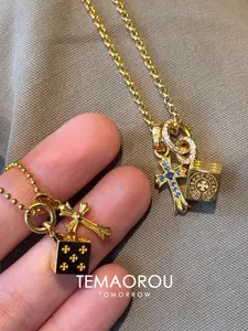 Vintage Cross Pendant Necklace, Dainty Cross Necklace, Solid Dice Charm, Luxurious Design Sweater Chain Jewelry, Unisex Fashion Accessory