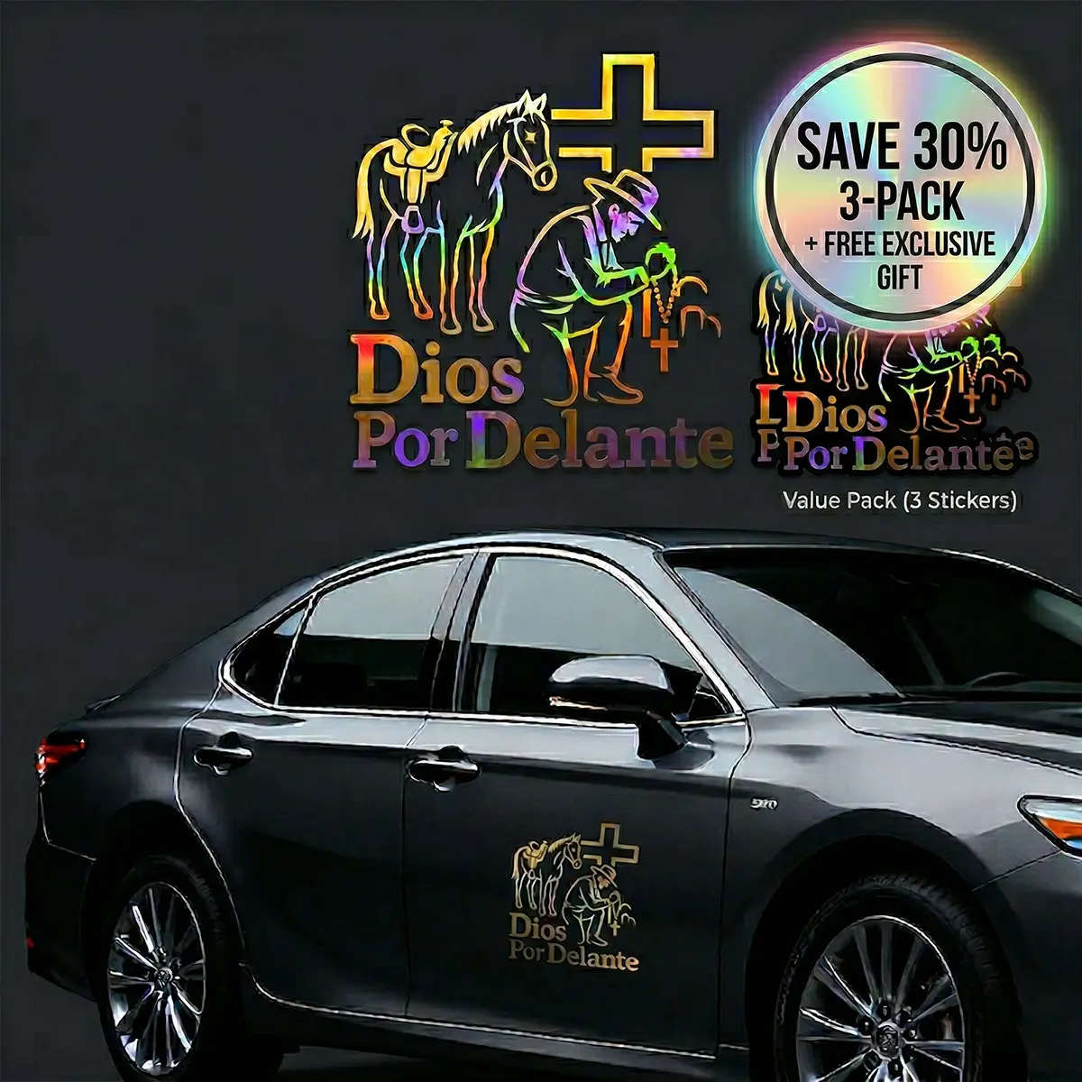 7.8in x 7.8in 3-Pack Non-Woven Residue-Safe Holographic Car Stickers - Dios Por Delante Christian Spanish Faith Car Decals, Water Resistant Vinyl Automotive Exterior Body Accessory, Free Gift for Latino Family's Truck, SUV, Friends