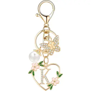 Gold Heart Initial Letter Keychain for Women Key chain Keyring for Purse Handbags Backpack Charm