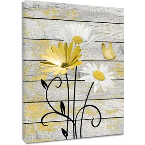 Farmhouse Yellow Floral Wall Art for Bathroom, Retro Daisy and Butterfly on Rustic Wood Canvas Wall Art Nature Flower Pictures for Living Room Bedroom Apartment Wall Decor