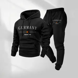 Men's German Letter Pattern Print Hoodie and Drawstring Sweatpants Set, Menswear, Casual Athletic Long Sleeve Hooded Jacket & Trousers for Fall & Winter, Men's Clothing for Daily Wear, Sportswear Indoor Outdoor, Tracksuit, Athleisure