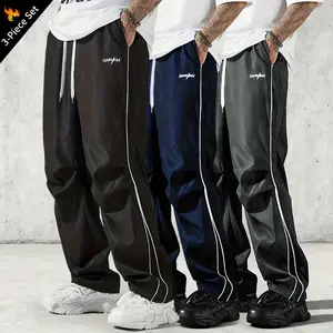 Men’s Fashion Casual 3-Piece Set – Trendy Street Style Joggers with Side Stripes and Drawstring Waistband Baggy Wide Leg Sweatpants