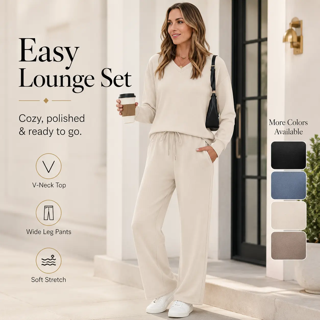WIHOLL Lounge Sets for Women 2026 V Neck 2 Piece Outfits Airport Wide Leg Pants Matching Set Sweatsuits, Lady, Casual, Pajama Set, Comfy Sets