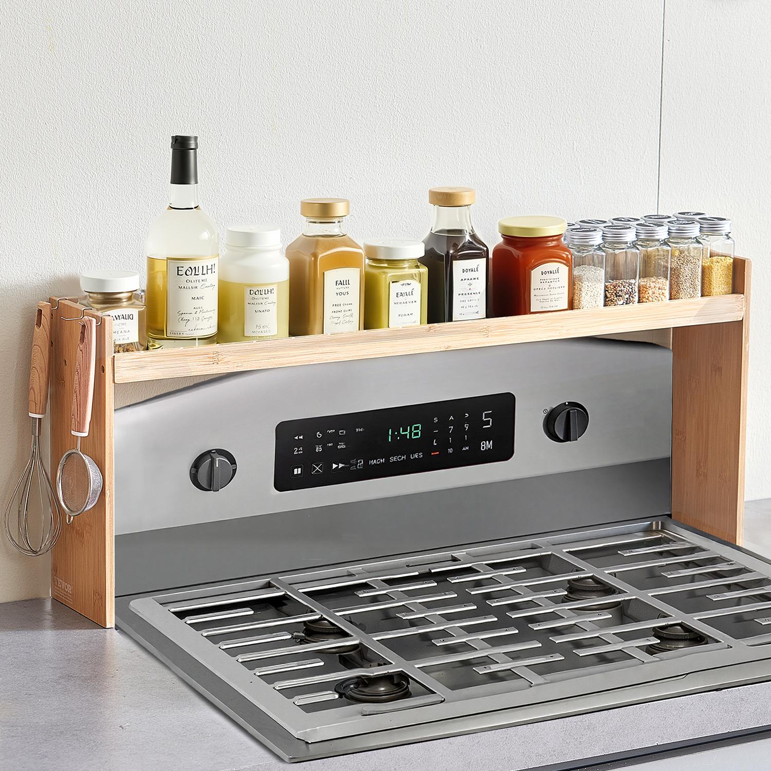 VEVOR Over the Stove Shelf,  Over Stove Spice Shelf for Kitchen Stove Top, Seasoning Shelves, Spice Organizer, Easy to Assemble Countertop Storage Solution, Kitchen Gadgets with 6 Hooks