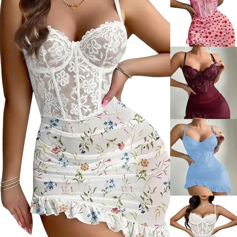 Women's 2-Piece Stretchy Sexy Lingerie Set - Corset Bodycon Dress with Ruffle Floral Lace, Sheer Mesh, Underwire, and Thong Clothes, Stretchy Lingerie, Two Piece Set