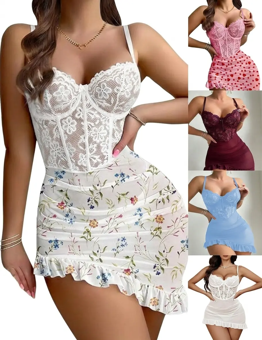 Women's 2-Piece Stretchy Sexy Lingerie Set - Corset Bodycon Dress with Ruffle Floral Lace, Sheer Mesh, Underwire, and Thong Clothes, Stretchy Lingerie, Two Piece Set