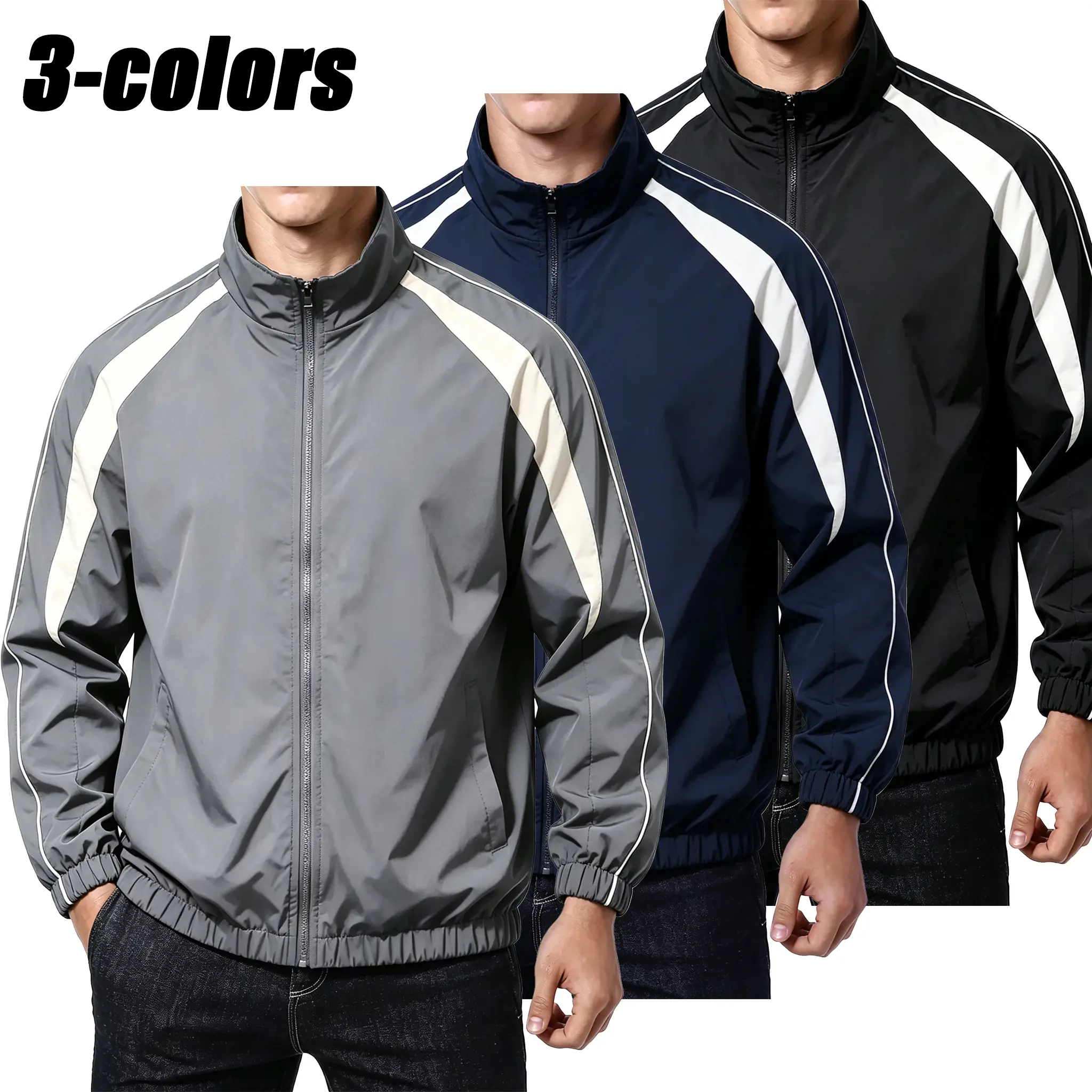 Men's Color-Block Tracksuit Set, 3-Piece Windproof Woven Sportswear with Stand Collar Jacket and Slim Fit Striped Pants, Woven Fabric, Outdoor, Sporty Chic, Mock Neck, Athletic, Commute Wear, Long Sleeve, Outdoor Wear, Polyester, Side Stripes, Casual