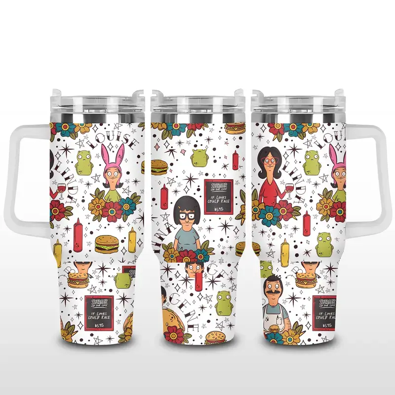 Bob's Burgers 40oz Insulated Tumbler with Handle, Lid and Straw - Belcher Family Cartoon, Cute Kuchi Kopi Burger Doodle Stars Print, Funny Animation Fans Gift Insulated Stainless Steel Travel Mug, Gift for Women Men.