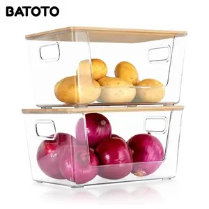 BATOTO Pantry Organizer and Storage Stackable Trash Bag Dispenser Clear Acrylic Kitchen Counter Baskets for Produce Fruit Vegetable Snack with Bamboo Lid Home Set Box