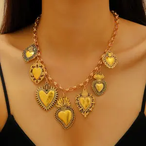 Vintage Religious Multi-Sacred Heart Pendant Necklace, Elegant Catholic Jewelry for Women, Perfect Gift for Religious Beliefs Enthusiasts Gold Plated