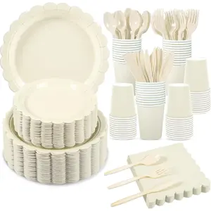 350 Pcs Ivory Dinnerware Sets, 9" Party Plates, 7" Cream Dessert Plate, 9oz Cups & Cutlery, 50 Guest Beige Scalloped Disposable Plates Set for Baby Bridal Shower, Wedding, Birthday