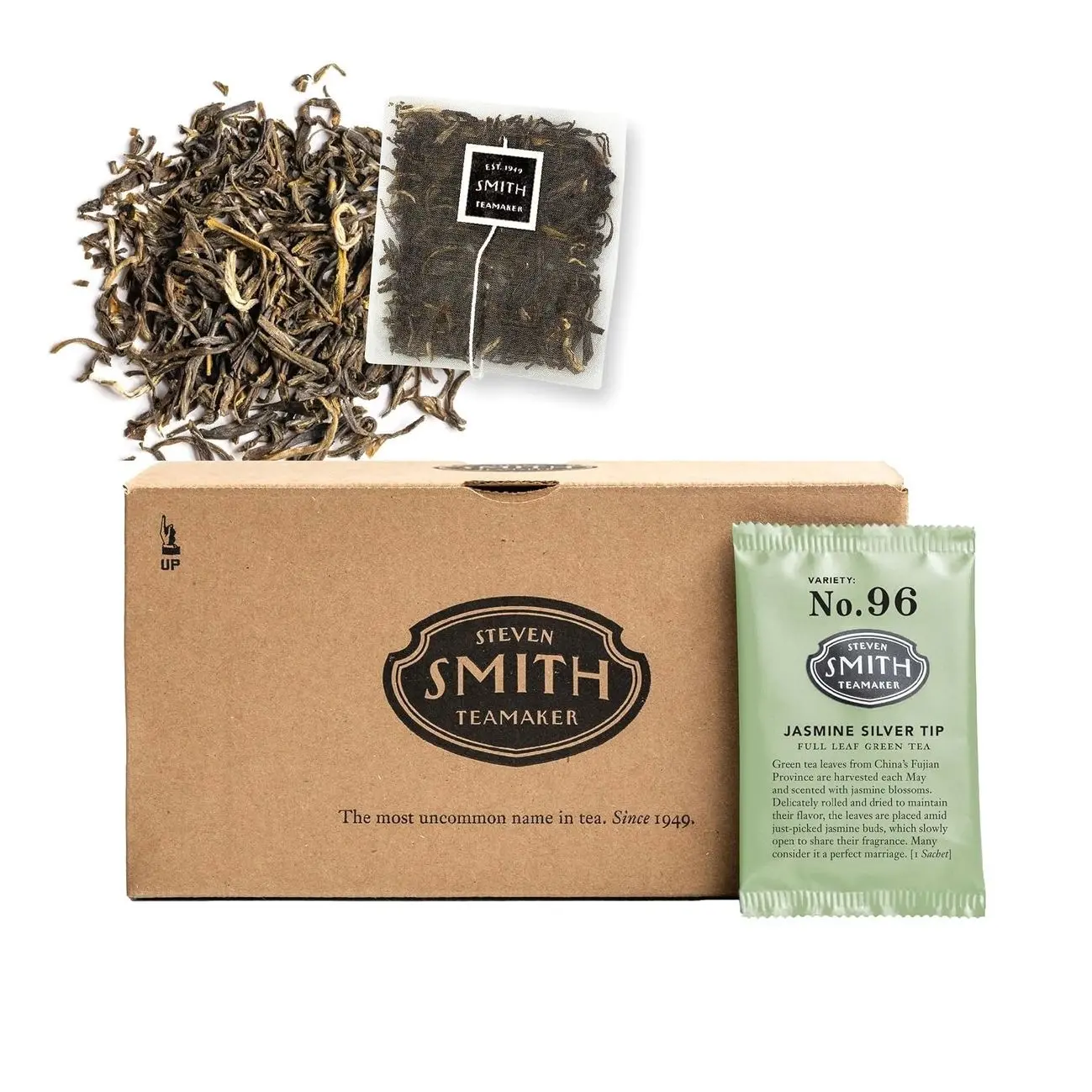 Steven Smith Teamaker Jasmine Silver Tip No. 96 Green Tea with Jasmine Blossoms, Caffeinated, Sugar-Free, Sustainably Grown, Full Leaf, Plant Based Green Tea Bags, 36 Sachets, 1.3oz each