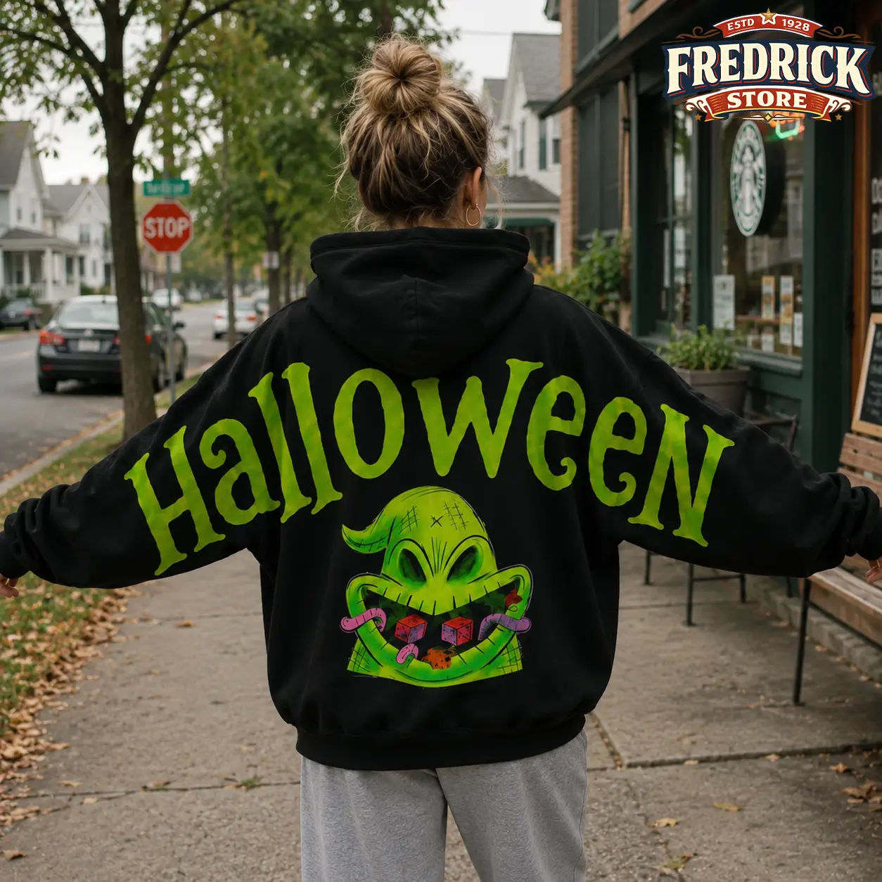 Retro Oogie Boogie Halloween Hoodie, Shoulder-to-Shoulder Back Lettering Hooded Sweatshirt, Nightmare Before Christmas Candy Monster Back Print, Spooky Season, Gift for Him and Her, Vibes Horror Night Crewneck Gothic Clothes Winter Fall