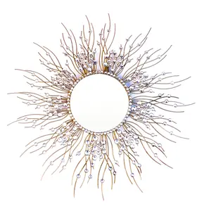 MEIDA Sunburst Wall Gold Metal Crystal Decorative Mirror - Elegant Wall Decor for Home Round
