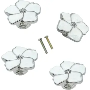 4pcs White Flower Petal Handles Cabinet Drawer Knobs & Pulls (Silver, 8 Screws)