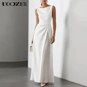 UOOZEE Women 2025 Summer/Spring Rayon Pleated Slightly Stretch & Sheer White A-Line Dress 2025 New Fashion Sleeveless Solid Color Split-Joint Round-Neck Elegant Evening Maxi Dresses - (Sizing Runs Small - Check Size Guide or Order Larger) Fit
