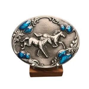 Oval Silver Horse Belt Buckle with Blue Stones - Galloping Horses Design,  Statement Piece