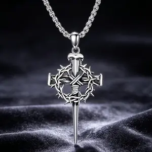 Gothic Dark Style Nail Cross Pendant Necklace, Jesus Crown of Thorns Design, Punk Hip Hop Jewelry, Adjustable Box Chain, for Men & Women, Daily & Party Wear