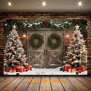 1PC 2D Flat Christmas Backdrop 7x5 Foot with Wooden Arch Trees & Gifts Reusable Polyester Scene for Family Gatherings Outdoor Activities Live Streaming Festival Wall Decor Banners Ornaments