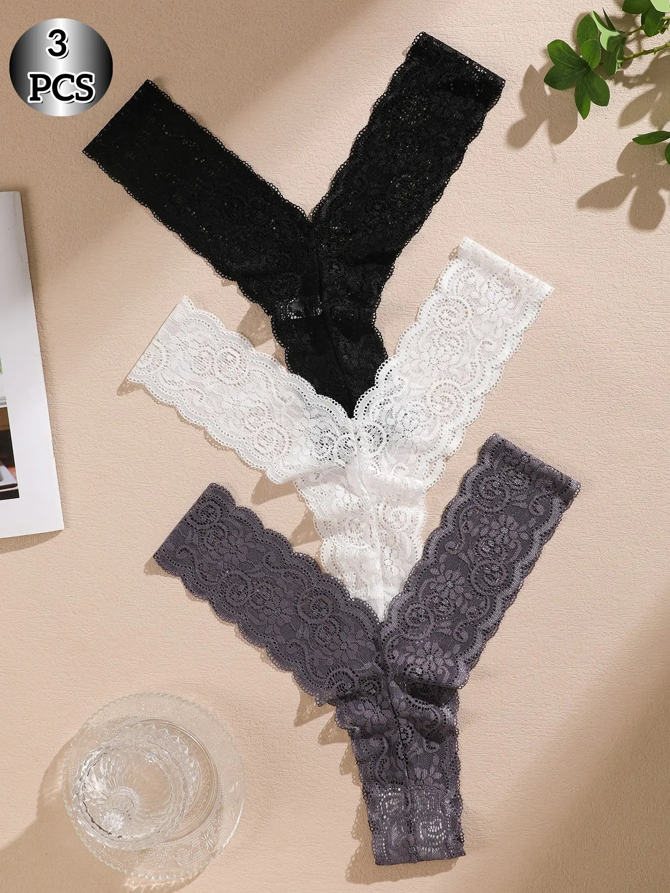 Women's Lace Bikini Panties 3-Pack Lingerie Lace Patterned Underwear, Sheer Lace Panty, Low Rise Sexy Sheer Thongs with Delicate Lace Trim, 3 Colors, Hand Wash