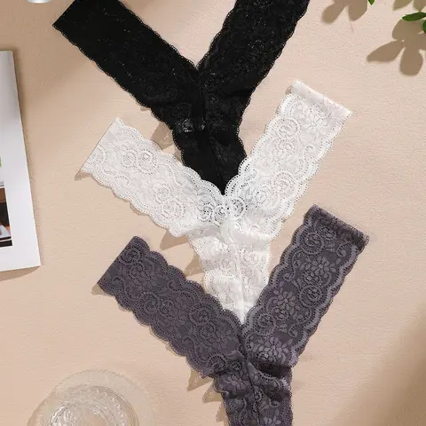 Women's Lace Bikini Panties 3-Pack Lingerie Lace Patterned Underwear, Sheer Lace Panty, Low Rise Sexy Sheer Thongs with Delicate Lace Trim, 3 Colors, Hand Wash