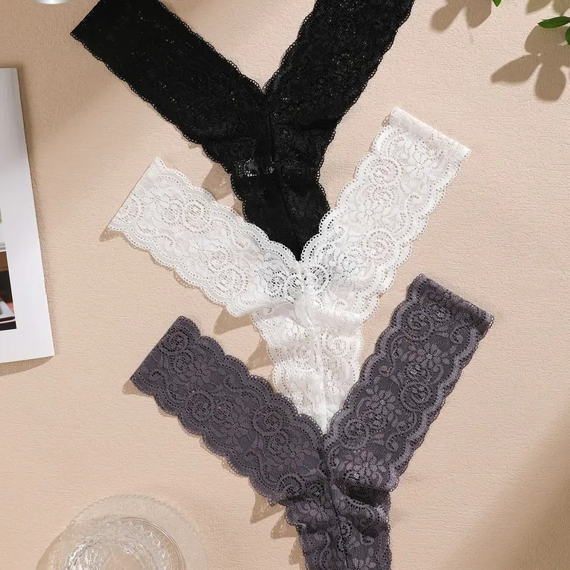 Women's Lace Bikini Panties 3-Pack Lingerie Lace Patterned Underwear, Sheer Lace Panty, Low Rise Sexy Sheer Thongs with Delicate Lace Trim, 3 Colors, Hand Wash