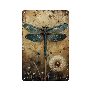 Rustic Oil Painting Style Dragonfly Dandelion Metal Sign, Vintage Nature Wildlife Insect Aluminum Wall Decor, 8x12 Inch Pre-drilled Tin Sign for Dragonfly Lover Home Garden Farmhouse Bathroom Wall Hanging