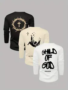 3-Pack Christian Graphic Long-sleeve T-shirt Set — Crown of Thorns Printed Tops, Daily Wear Combo, A Favorite for Faith Lovers & Casual Style Fans