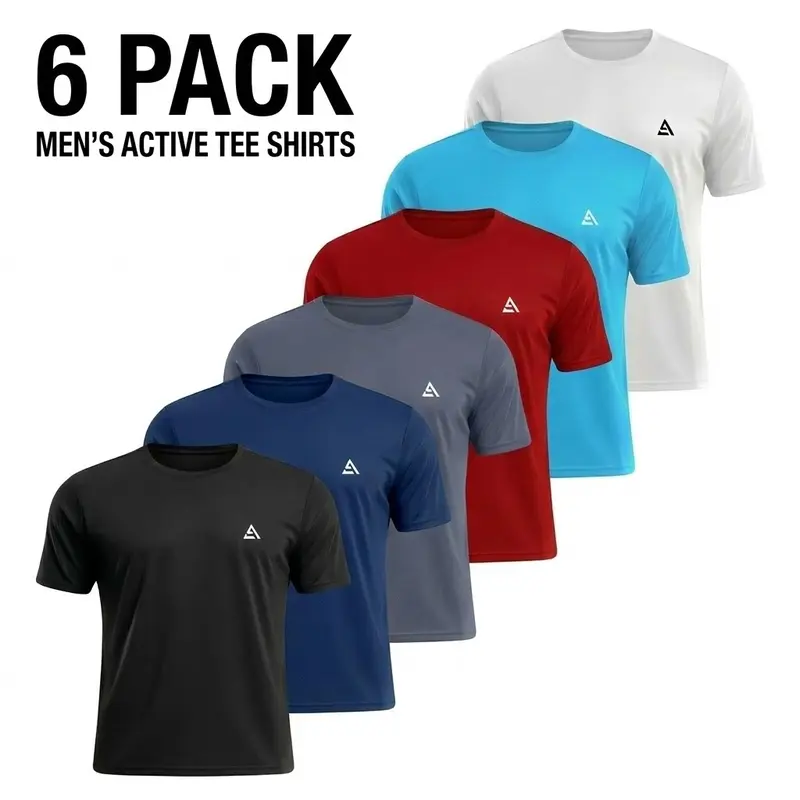 Men's 6-Pack Fast Drying Short Sleeve Active T Shirts - Lightweight, Breathable, Anti-Shrink, Athletic Fitted Gym Tee, Affordable Sports Apparel Bundle for Workout, Athleisure, Men's T Shirts