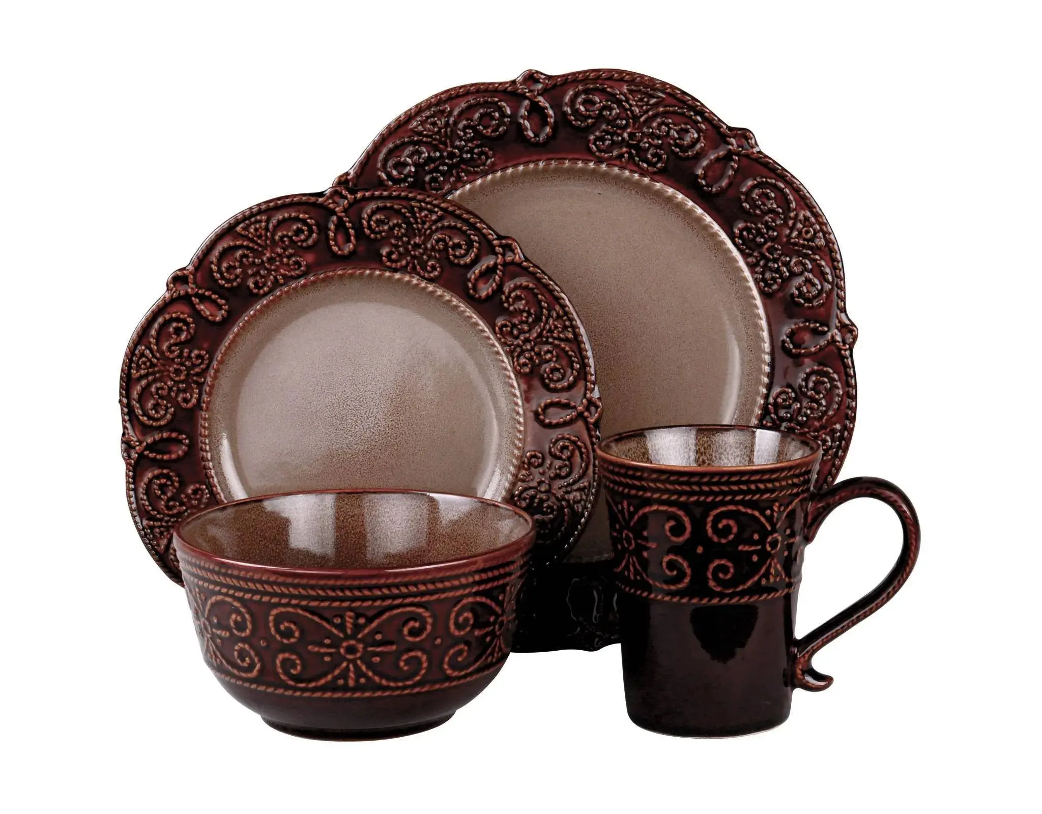16-Piece Antique Elegance Embossed Dinnerware Set - Brown