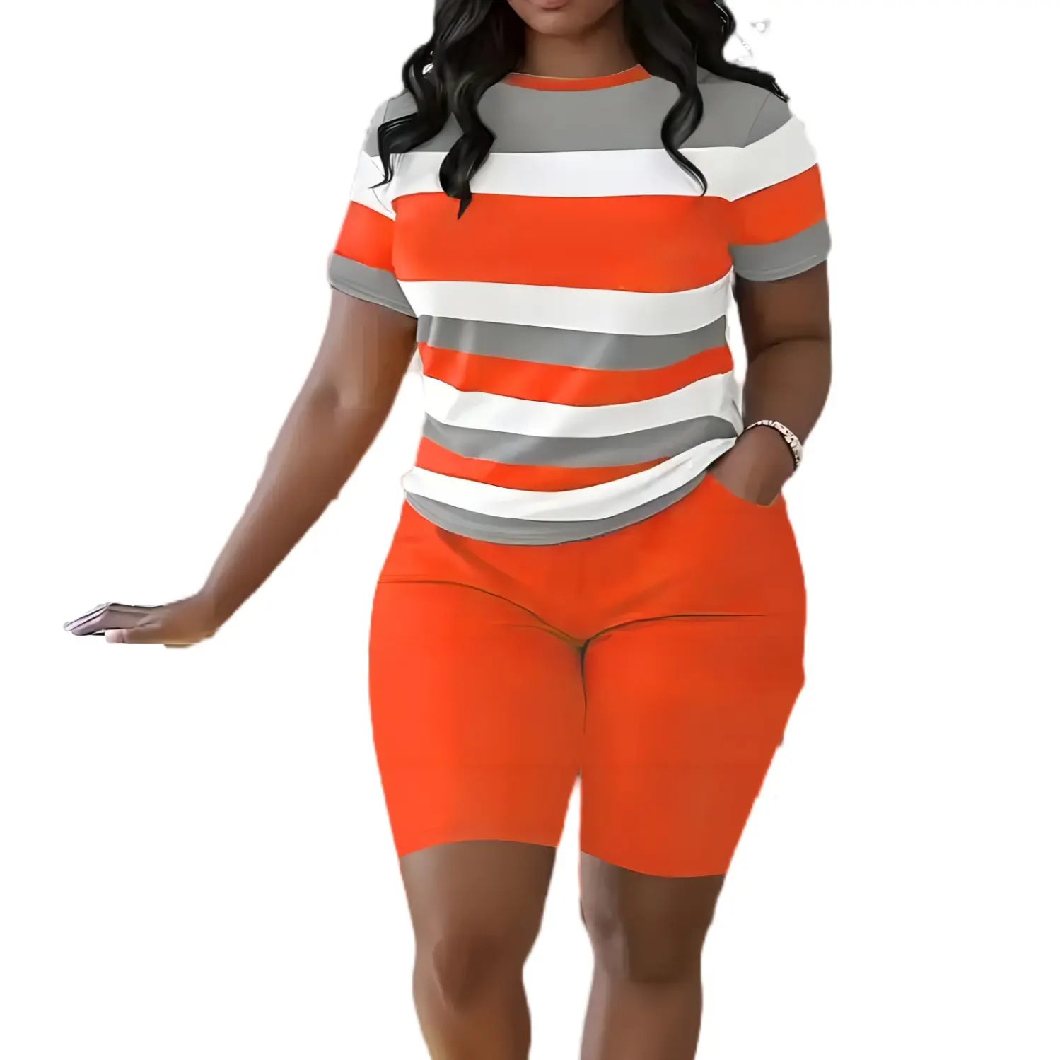 Women's Plus Size 2-Piece Athletic Clothing Set - Striped Letter Print Short Sleeve Top, Pocket Shorts, Athleisure Outfits, Sports Casual Wear, 2 piece sets, Women's Clothing, Casual Wear Activewear, Casual Sports Style